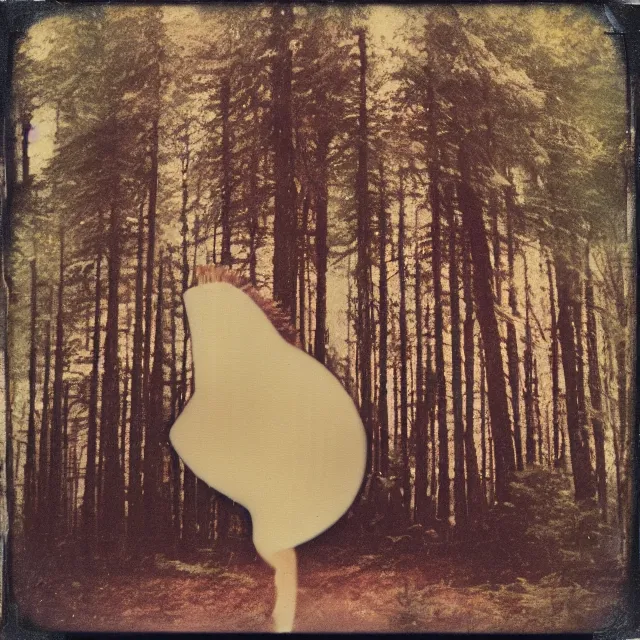 Image similar to mythical creature in a forest, grainy vintage polaroid