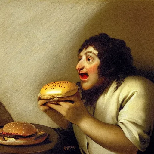 Image similar to burger king eating a burger by francisco goya