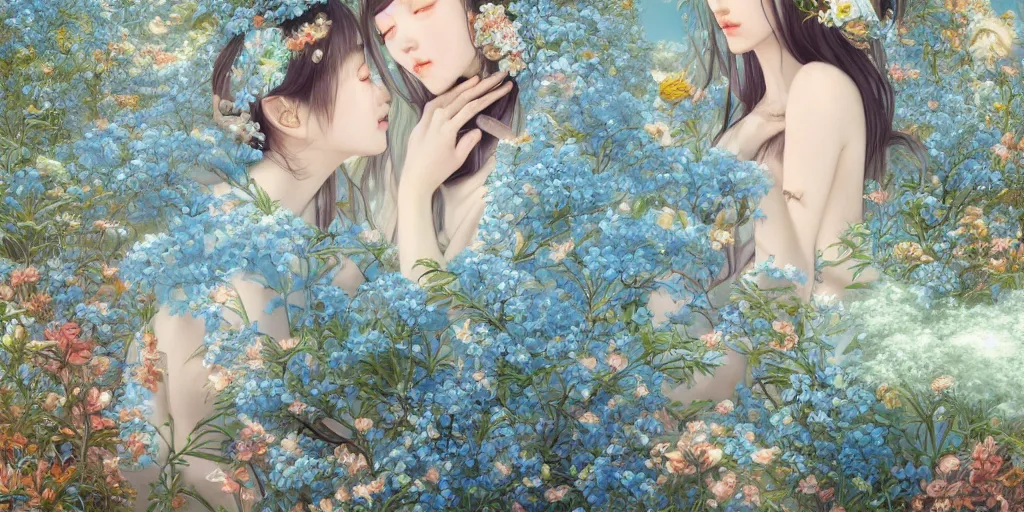 Prompt: breathtaking detailed concept art painting of the kissing goddesses of light blue flowers, orthodox saint, with anxious, piercing eyes, ornate background, amalgamation of leaves and flowers, by Hsiao-Ron Cheng, James jean, Miho Hirano, Hayao Miyazaki, extremely moody lighting, 8K