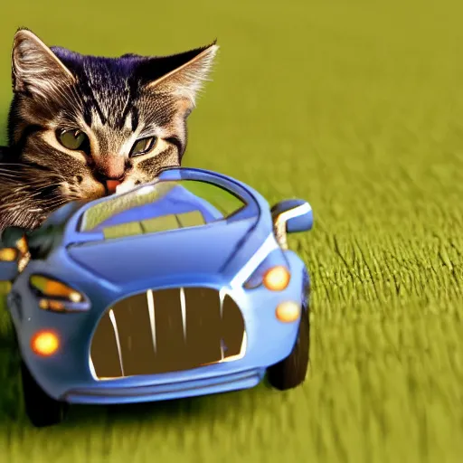 Prompt: cat driving a tiny car being chased by a dog, photo, detailed, 4k