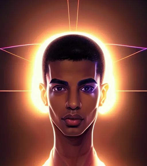 Prompt: symmetry!! egyptian boy prince of technology, solid cube of light, hard edges, product render retro - futuristic poster scifi, lasers and neon circuits, brown skin boy egyptian boy prince, intricate, elegant, highly detailed, digital painting, artstation, concept art, smooth, sharp focus, illustration, dreamlike, art by artgerm