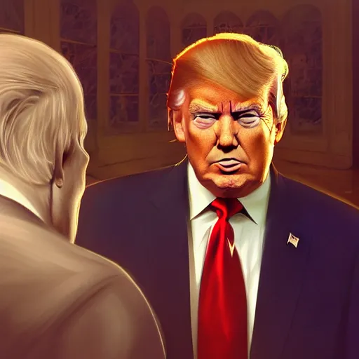 Prompt: trump looks in the mirror and sees biden, intricate, elegant, highly detailed, centered, grungy, digital painting, artstation, concept art, smooth, sharp focus, boris vallejo