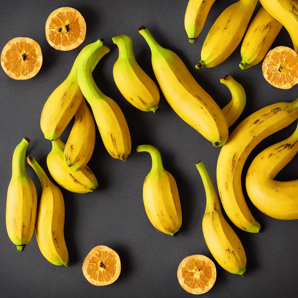 Prompt: fat spotted bananas in the shape of juicy open oranges, closeup, hyper real, food photography, high quality