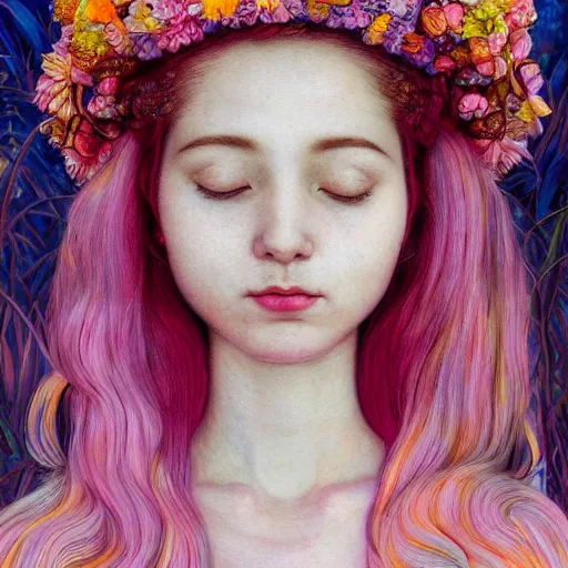 Image similar to princess bubblegum, exterior botanical garden, portrait face, colorful, frantisek kupka, intricate, miles johnston, kuroda seiki, cynical realism, ozabu, john william godward, painterly, yoshitaka amano, moebius, miles johnston, louise zhang, james jean, mark ryden lowbrow pop surrealism art style