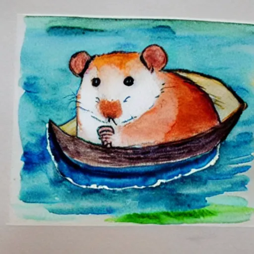 Image similar to A hamster made out of iron in a boat on a river, watercolors by 5 year old