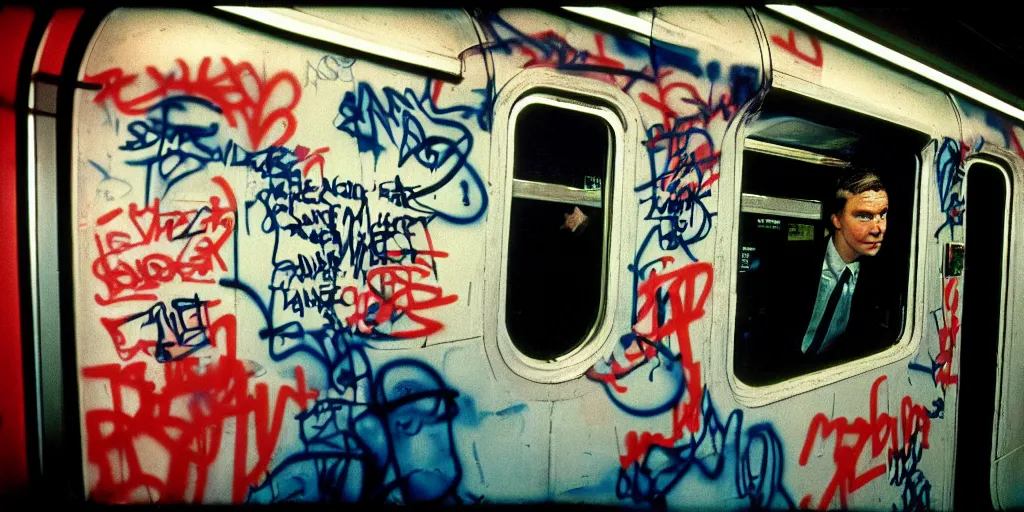 Image similar to new york subway cabin 1 9 8 0 s inside all in graffiti, policeman closeup, coloured film photography, christopher morris photography, bruce davidson photography