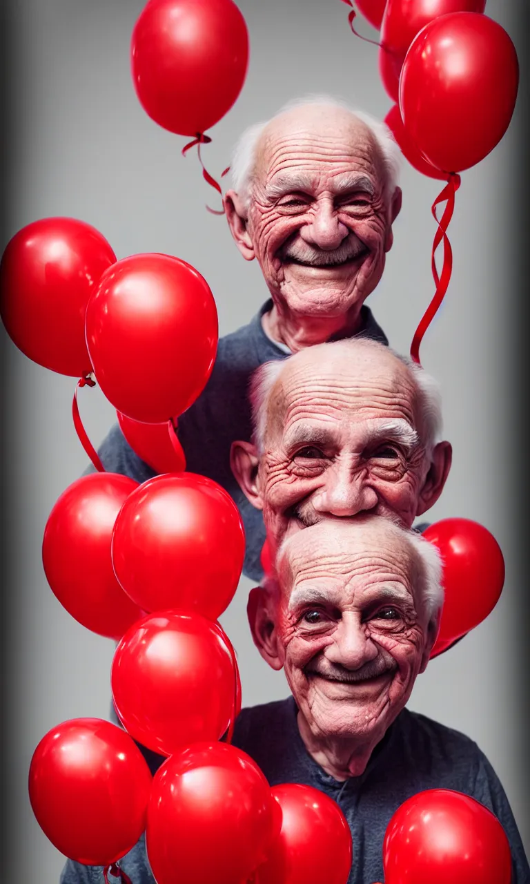 Image similar to waist up portrait of smiling old man with red balloons, highly detailed, digital painting, concept art, smooth, sharp focus, epic composition, award winning photography, gothic art, artstation, concept art, beautiful render, art by artgerm and wlop