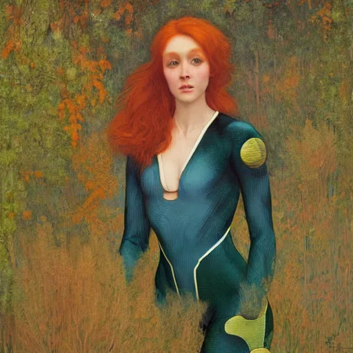 Image similar to beautiful woman with auburn hair in a skin-tight designer spacesuit, aloof in the forest at dusk, by Edgar Maxence and Ross Tran and Michael Whelan and Gustav Klimpt