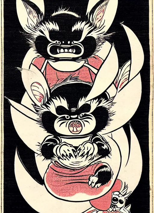 Image similar to a mogwai from gremlins ( 1 9 8 4 ) as a yokai illustrated by kawanabe kyosai and toriyama sekien