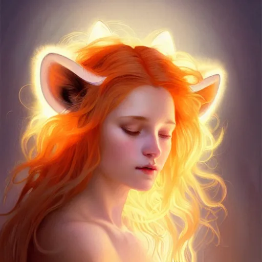 Image similar to Portrait of a girl angel with pale orange colored frizzy strands of illuminated hair, cat ears on her head, glowing halo, Lion's Mane, fantasy, intricate, elegant, highly detailed, digital painting, artstation, concept art, smooth, sharp focus, illustration, art by Krenz Cushart and Artem Demura and alphonse mucha