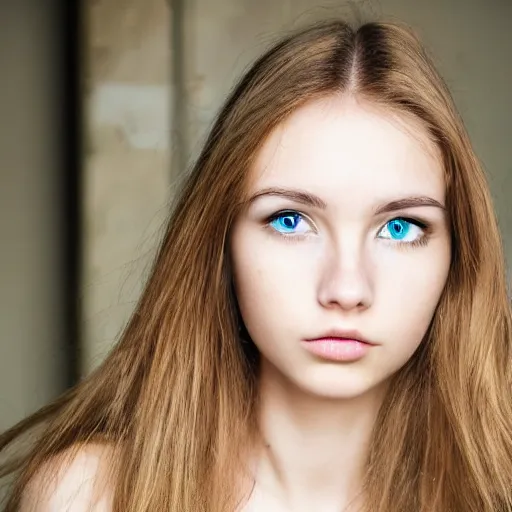 Image similar to brunette with dyed blonde hair, 21 years old, 165 cm tall, long flat blonde hair, eyes green, 30% smaller nose, smaller mouth, round shaped face, big forehead, lop eared, thin eyebrows, real life photograph