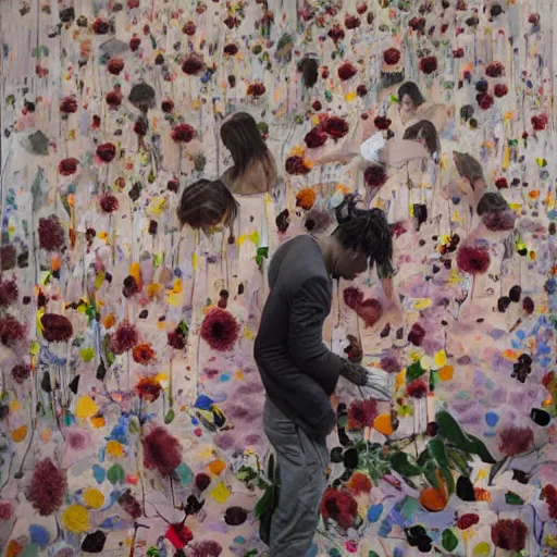 Prompt: a thousand of hands touching flowers, by Jenny saville and justin mortimer and ben aronson. Dark and atmospheric