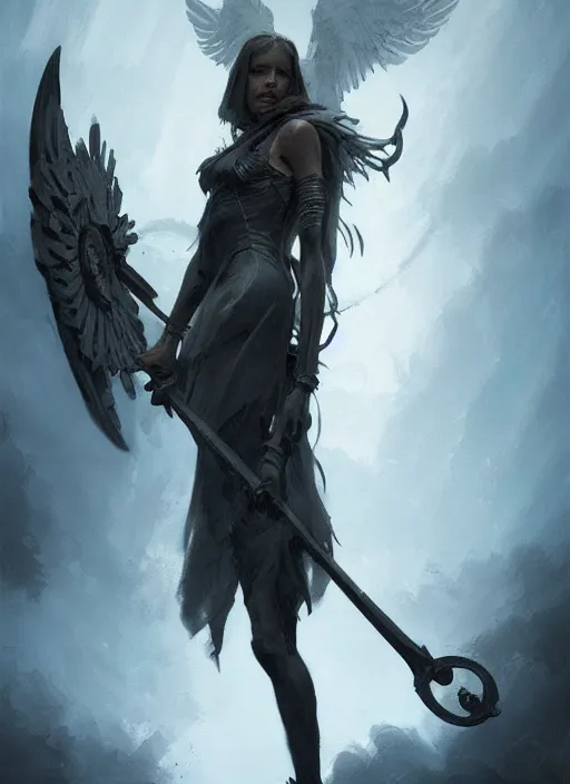 Prompt: a portrait of a beautiful angel of death holding a large scythe by marco bucci and greg rutkowski, sharp focus, detailed, cinematic, closeup