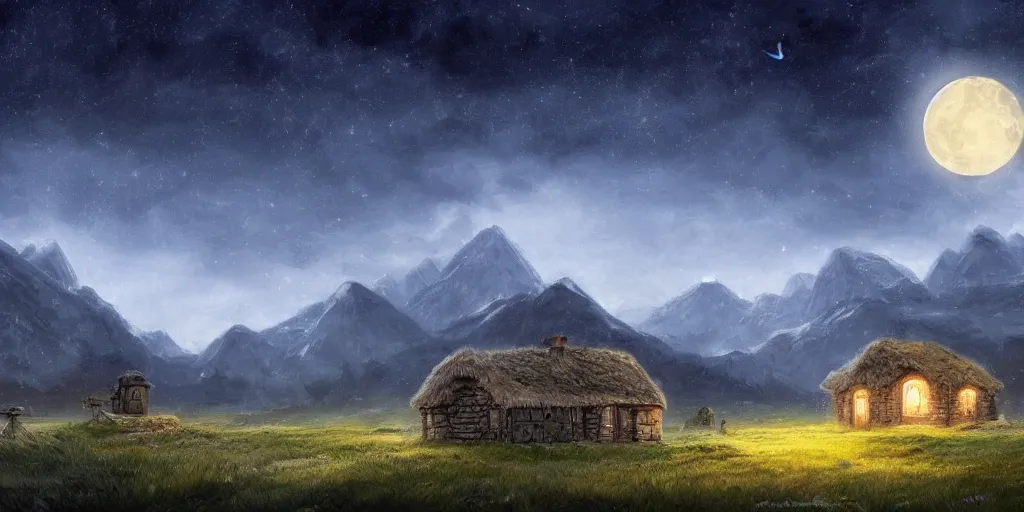 Prompt: Void covered fields with large mountains in the distance, small cottage in the foreground, nighttime, moon in the night sky, landscape wallpaper, d&d art, fantasy, painted, 4k, high detail, sharp focus