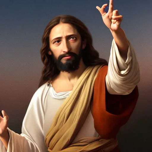 Prompt: uhd real 8 k photo of jesus flipping people off, digital art, portrait, portrait concept art, special effects, finely detailed, studio lighting, correct details, correct face, real jesus