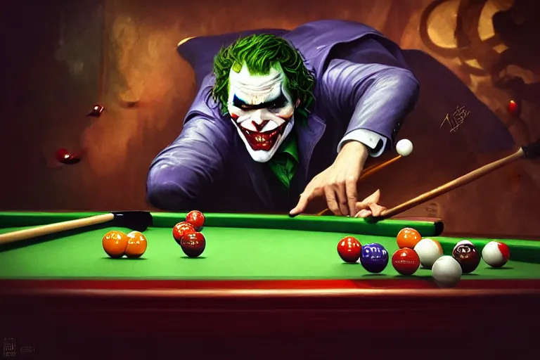 Image similar to photography of the joker playing pool, deep focus, d & d, intricate, elegant, highly detailed, digital painting, artstation, concept art, matte, sharp focus, illustration, hearthstone, art by artgerm and greg rutkowski and alphonse mucha