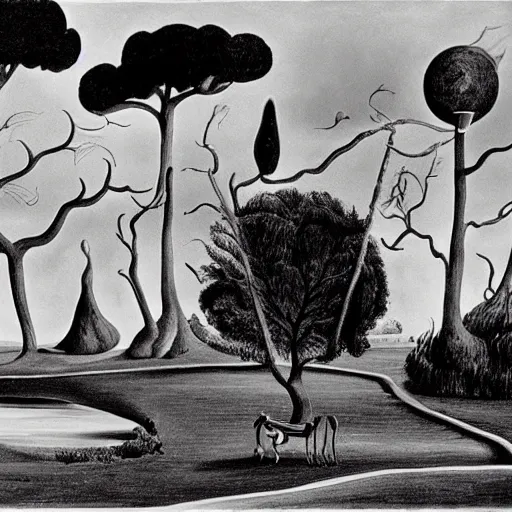 Image similar to A Landscape by Charles Addams and salvador dali