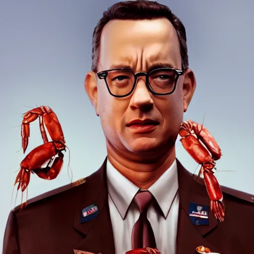 Image similar to tom hanks as forrest gump with giant shrimp heads instead of hands, photorealistic, cgsociety, artstation