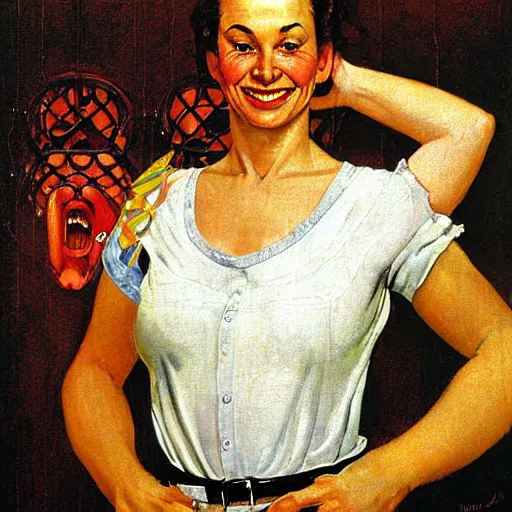 Image similar to Frontal portrait of a woman happy with her bright cybernetic enhancements. A painting by Norman Rockwell.