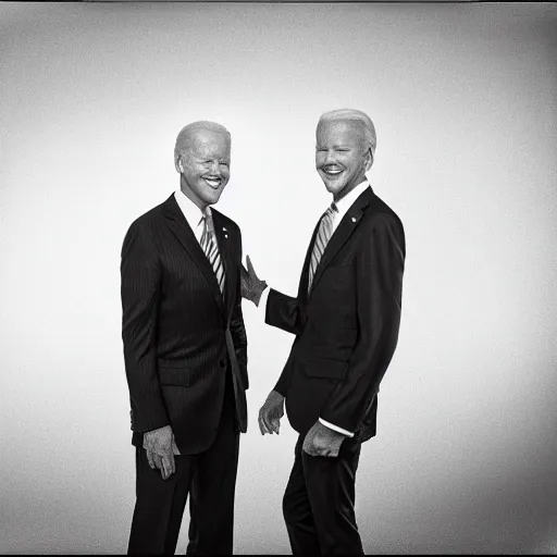 Image similar to A portrait photo of joe biden teams up with a teenage joe biden, perfect faces, 50 mm, award winning photography