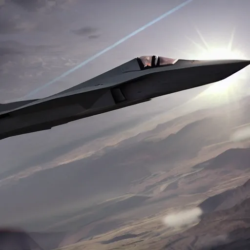 Image similar to insane detail, hyper - realistic, 3 d model, a stealth fighter jet attacking a ufo in mid - air