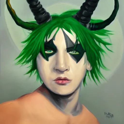 Image similar to a painting of a boy with green hair and devil horns and an eye patch