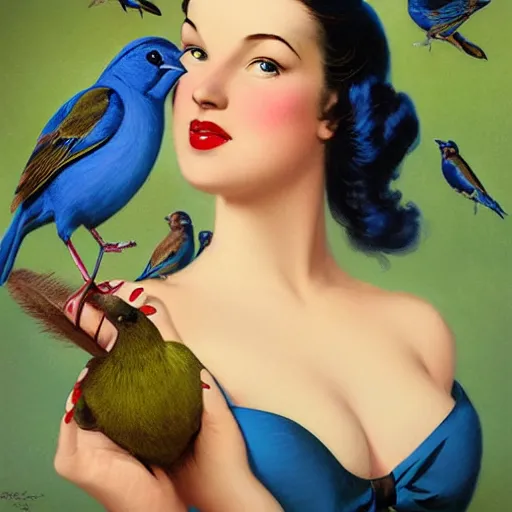 Prompt: portrait of a pinup girl holding an indigo bunting, bird, the bird is wearing a bowtie, by greg rutkowski, rossdraws, gil elvgren, enoch bolles