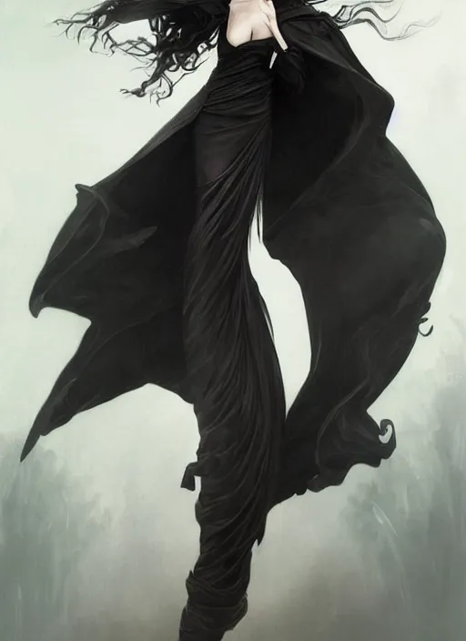 Image similar to goth tall man with wind swept black hair wearing a long flowing black cape , intricate, elegant, highly detailed, digital painting, artstation, concept art, smooth, sharp focus, illustration, art by artgerm and greg rutkowski and alphonse mucha and francisco goya