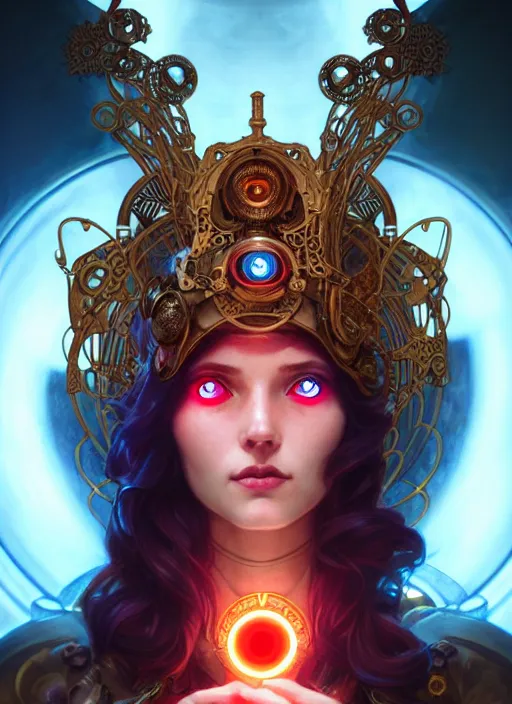 Image similar to the goddess athena smirking, steampunk, glowing eyes, volumetric lights, red and cyan theme, art nouveau botanicals, intricate, highly detailed, digital painting, artstation, concept art, smooth, sharp focus, cinematic, illustration, beautiful face, art by artgerm and greg rutkowski and alphonse mucha