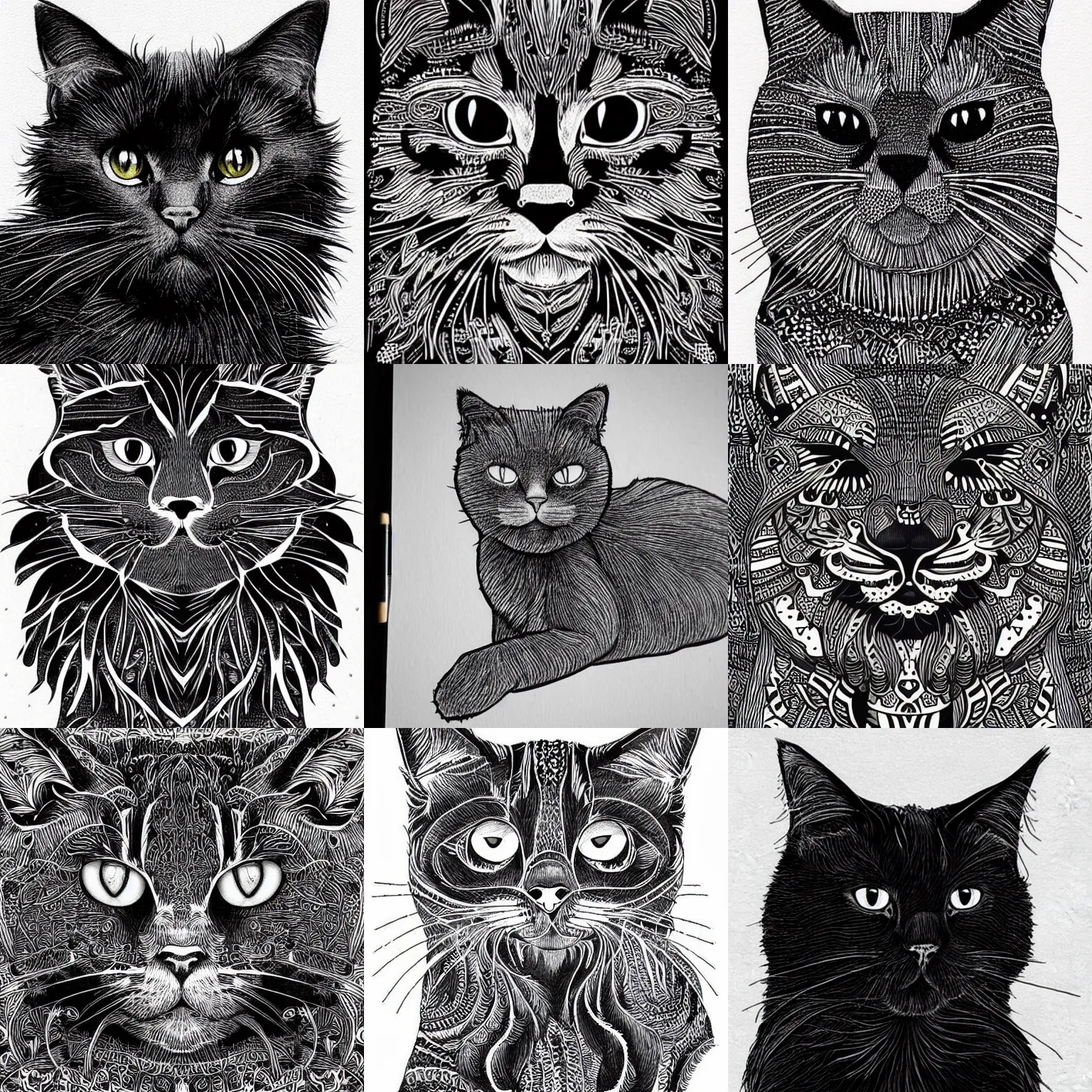 Prompt: fluffy black cats intricately inked in illustrations by kamweifong