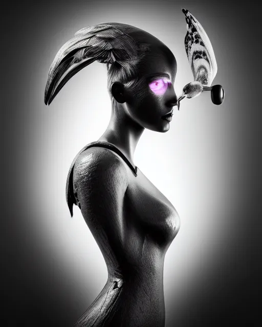 Image similar to surreal mythical dreamy dark artistic black and white fine art photo of a female - orchid - bird - cyborg bust, rim light, cinematic, studio dramatic light, poetic, octane render, 8 k, photo - realistic