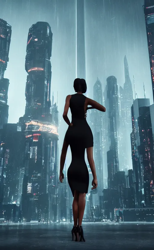 Image similar to an elegant Black woman in dress and heels, her back is to us, looking at a futuristic Blade Runner city, 8K