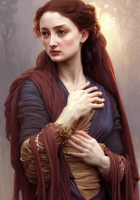 Image similar to sansa mummy brown hands, intricate, elegant, highly detailed, digital painting, artstation, concept art, smooth, sharp focus, illustration, art by artgerm and greg rutkowski and alphonse mucha and william - adolphe bouguereau