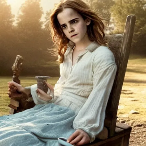 Prompt: Still of Emma Watson as Hermione Granger sitting back and relaxing in her favorite chair. Prisoner of Azkaban. During golden hour. Extremely detailed. Beautiful. 4K. Award winning.