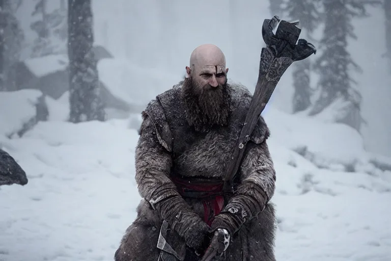 Image similar to vfx movie tough bald man in furs, natural grizzled skin, streaks of red face paint grey beard, dual wielding detailed viking war axes, in snowy tahoe, god of war by emmanuel lubezki