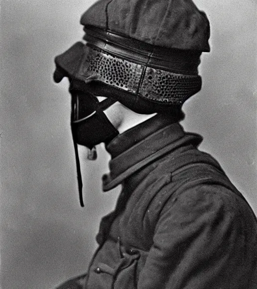 Prompt: person wearing leather mask, ww1 photo, grainy, high detail, high resolution, tehnicolor