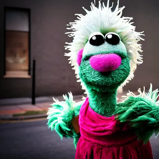 Image similar to portrait of a beautiful happy muppet puppet goth woman, spiky short hair, blurry urban background, cinematic, Serious eyes