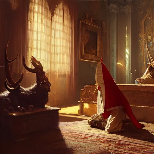 Image similar to the pope is in his bedroom, scared because a horned demon is attacking him. highly detailed painting by gaston bussiere, greg rutkowski, craig mullins 8 k