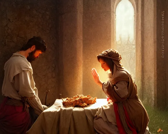 Image similar to poor hungry couple praying to a cross, emotional sad painting, very poor, hungry, love, medieval peasants, fantasy, cruel, dramatic lighting, intricate, wild, highly detailed, digital painting, artstation, concept art, smooth, sharp focus, illustration, art by artgerm and greg rutkowski and alphonse mucha