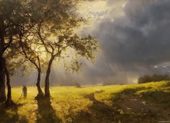 Prompt: oil painting of translucent pears on tree, medieval forest path in dawn by anders zorn, wonderful art by greg rutkowski, incredible lighting, shadows, beautiful cinematic light, american romanticism by greg manchess, tall rocky mountains and storm clouds, sun rays, sunshine, bright sunny summer day, stone walls and wooden fences, meadow