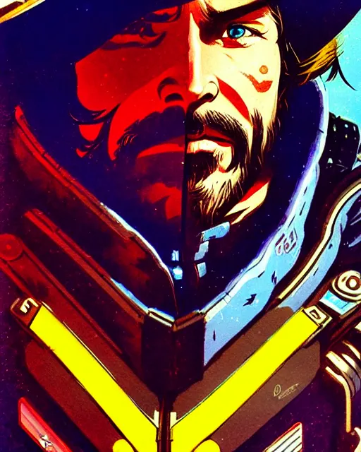 Prompt: mccree from overwatch, cyber space cowboy, outter space, character portrait, portrait, close up, concept art, intricate details, highly detailed, vintage sci - fi poster, retro future, vintage sci - fi art, in the style of chris foss, rodger dean, moebius, michael whelan, and gustave dore