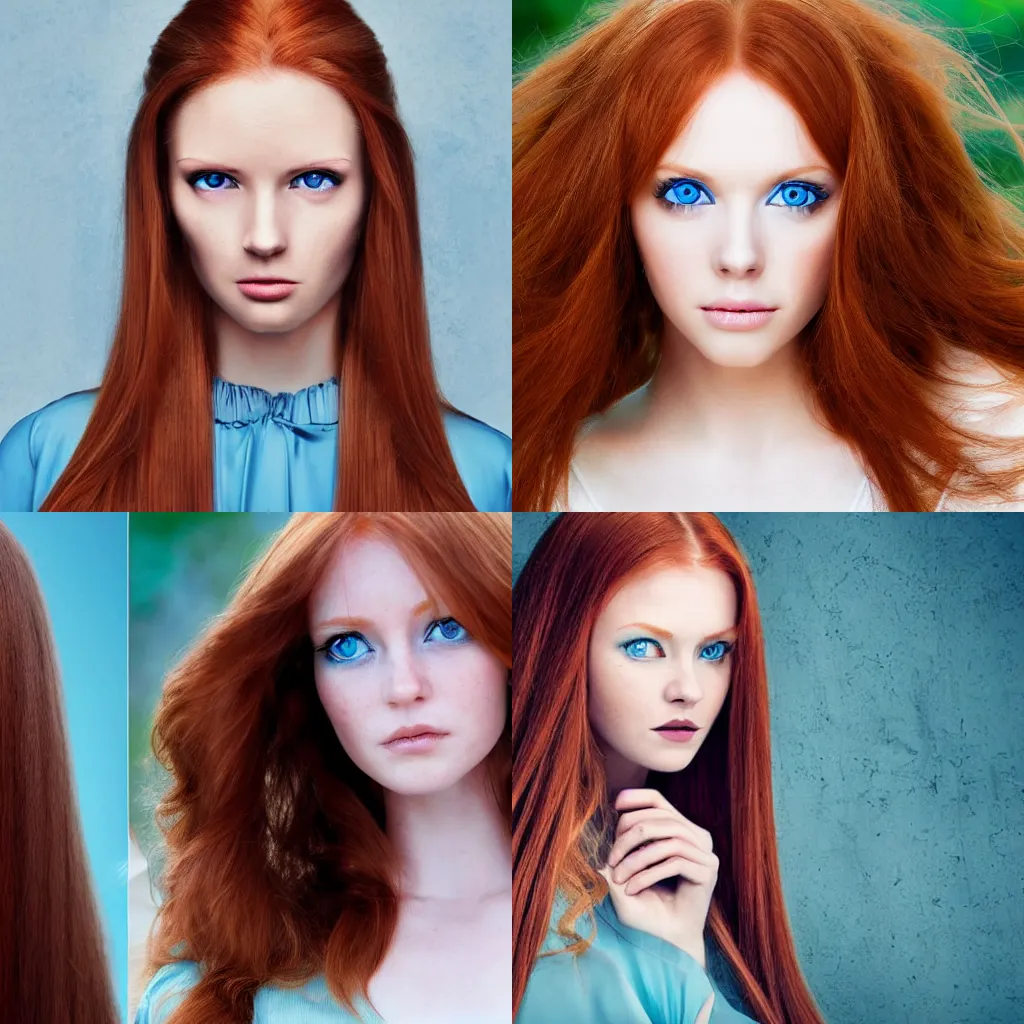 Prompt: a beautiful android woman with long ginger hair and bright blue eyes