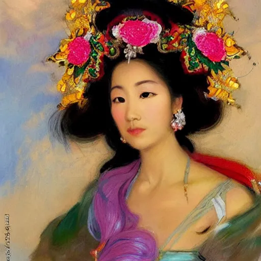 Prompt: a close - up detailed realistic oil painted portrait of a stunning beautiful asian fantasy princess with flowing hair, wearing colorful ornate headdress, flowers, and jewelry, in the style of john singer sargent. raphaelite