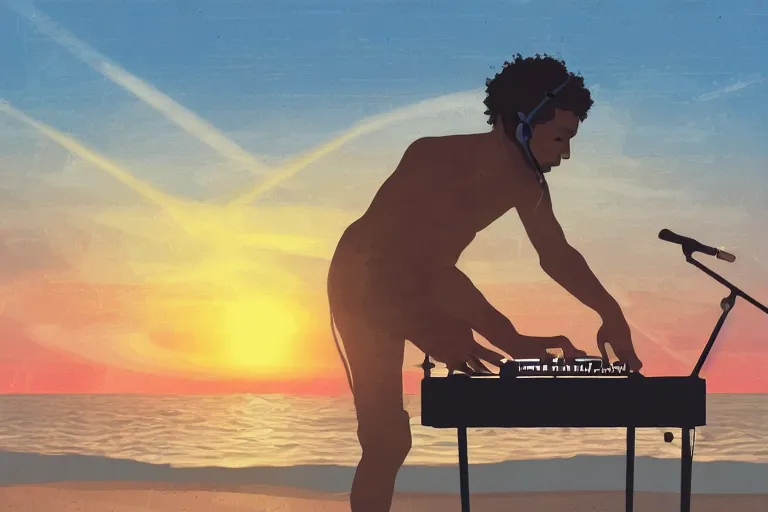 Image similar to a diskjockey making music in a beautiful beach, sunset, digital illustration