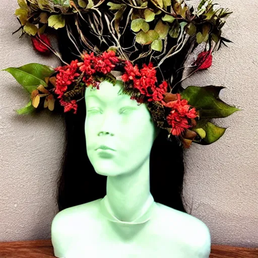 Prompt: anthropomorphic tree vine woman head wearing a crown made of flowers and leaves