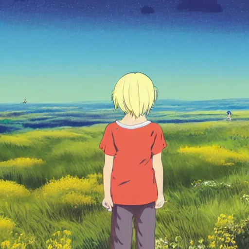 Prompt: illustration of a small blonde girl with her back turned towards us standing on top of a large hill overlooking a vast landscape containing every biome, the sky is beautiful, illustrated by Hayao Miyazaki