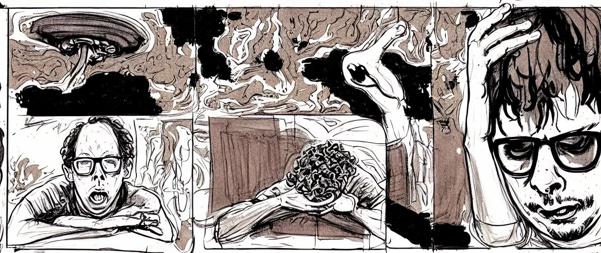 Image similar to character study of todd solondz tripping on mushrooms and becoming god | vivid colors : storyboard, dramatic and emotional, concept design, realistic. by gabriel hardman, joe alves, j. todd anderson, chris bonura. cinematic atmosphere, detailed and intricate, perfect anatomy