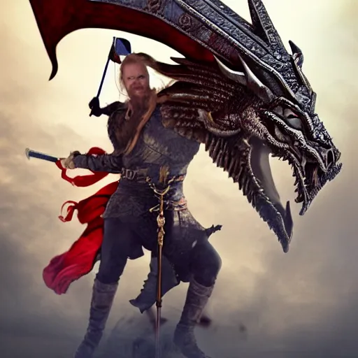 Prompt: viking holding the severed head of donald trump, rides a dragon flying over the white house, 8 k