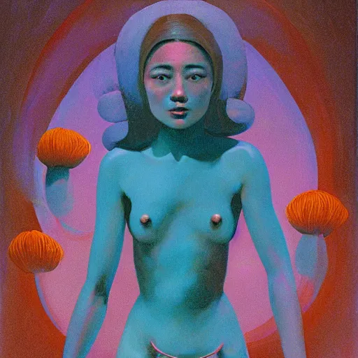 Image similar to A beautiful performance art. She has deeply tanned skin that makes me think of Oort, an almond Asian face and a compact, powerful body. alizarin by John Harris, by John Philip Falter hideous, ghostly