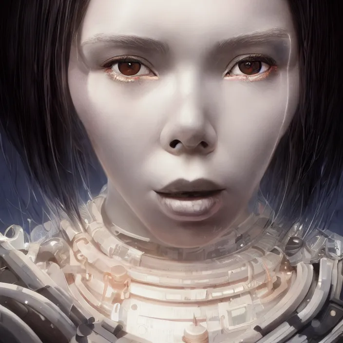 Image similar to symmetrical bjork cyborg - by tom bagshaw, by ilya kuvshinov, rtx rendering, octane render 1 2 8 k, maya, extreme high intricate details by wlop, digital anime art by ross tran, medium shot, close up shot, composition by sana takeda, dramatic lighting by greg rutkowski, 8 k, trending on artstation